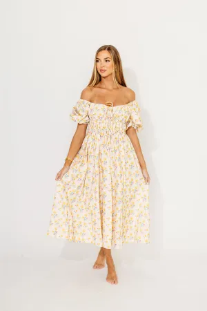 Kimber Midi Dress with Drawstring Detail in Yellow Floral