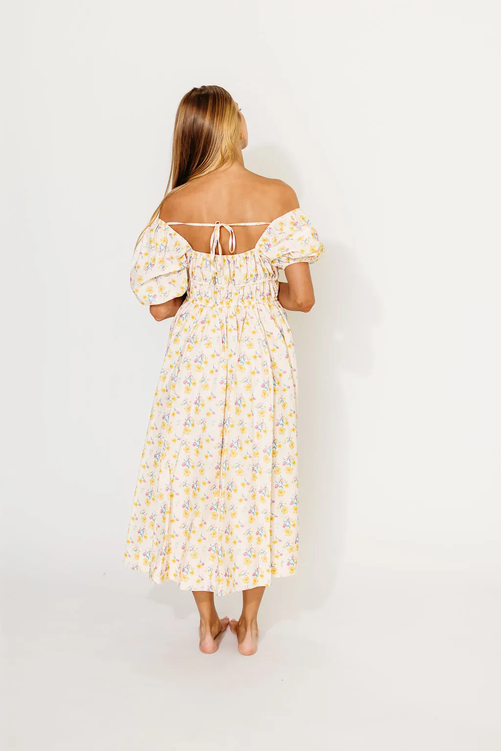 Kimber Midi Dress with Drawstring Detail in Yellow Floral