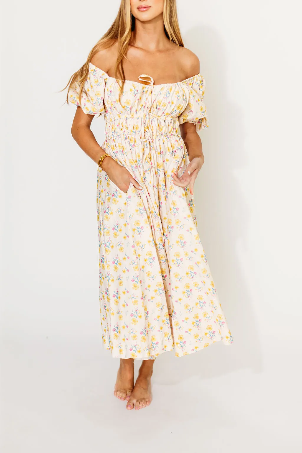 Kimber Midi Dress with Drawstring Detail in Yellow Floral