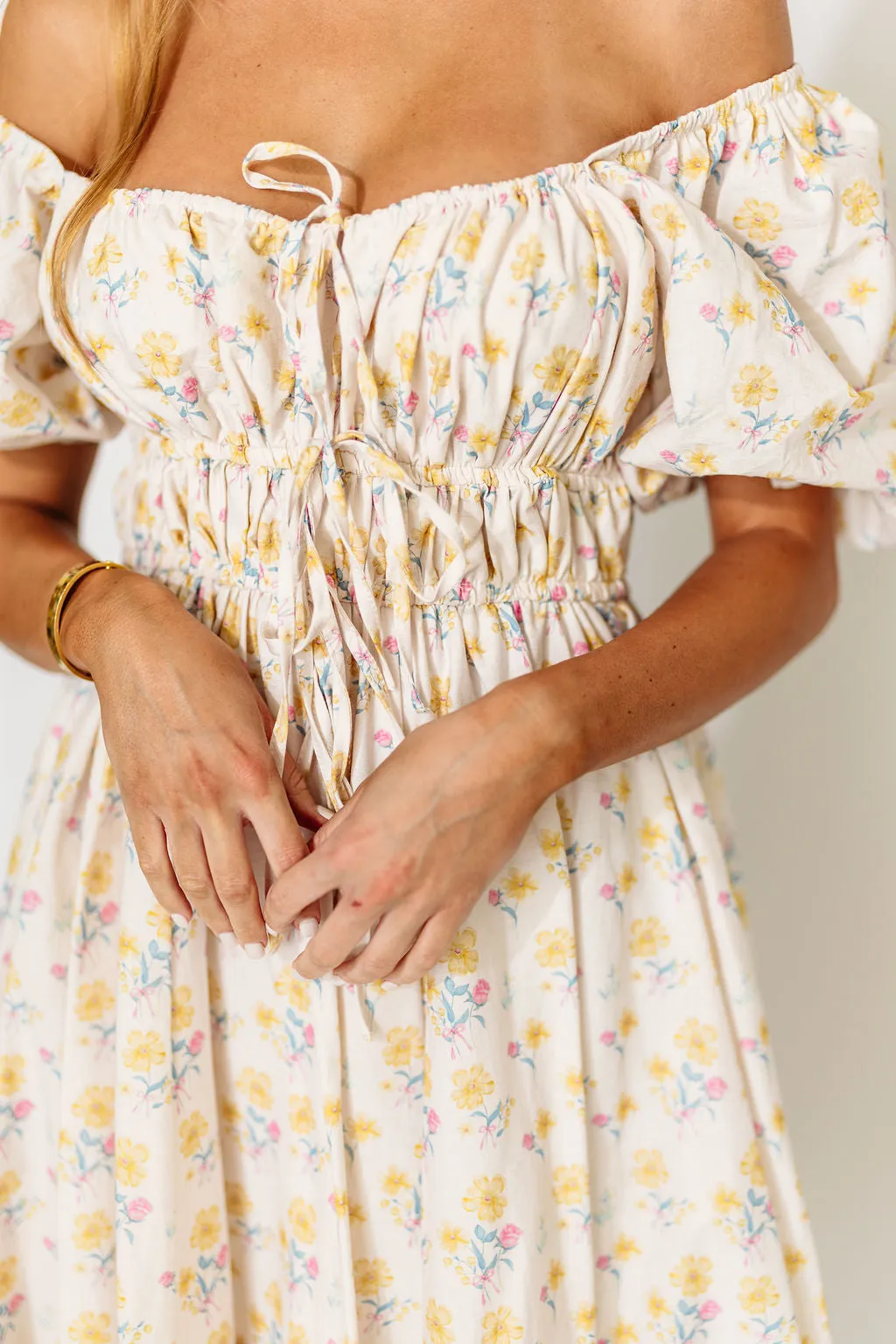 Kimber Midi Dress with Drawstring Detail in Yellow Floral