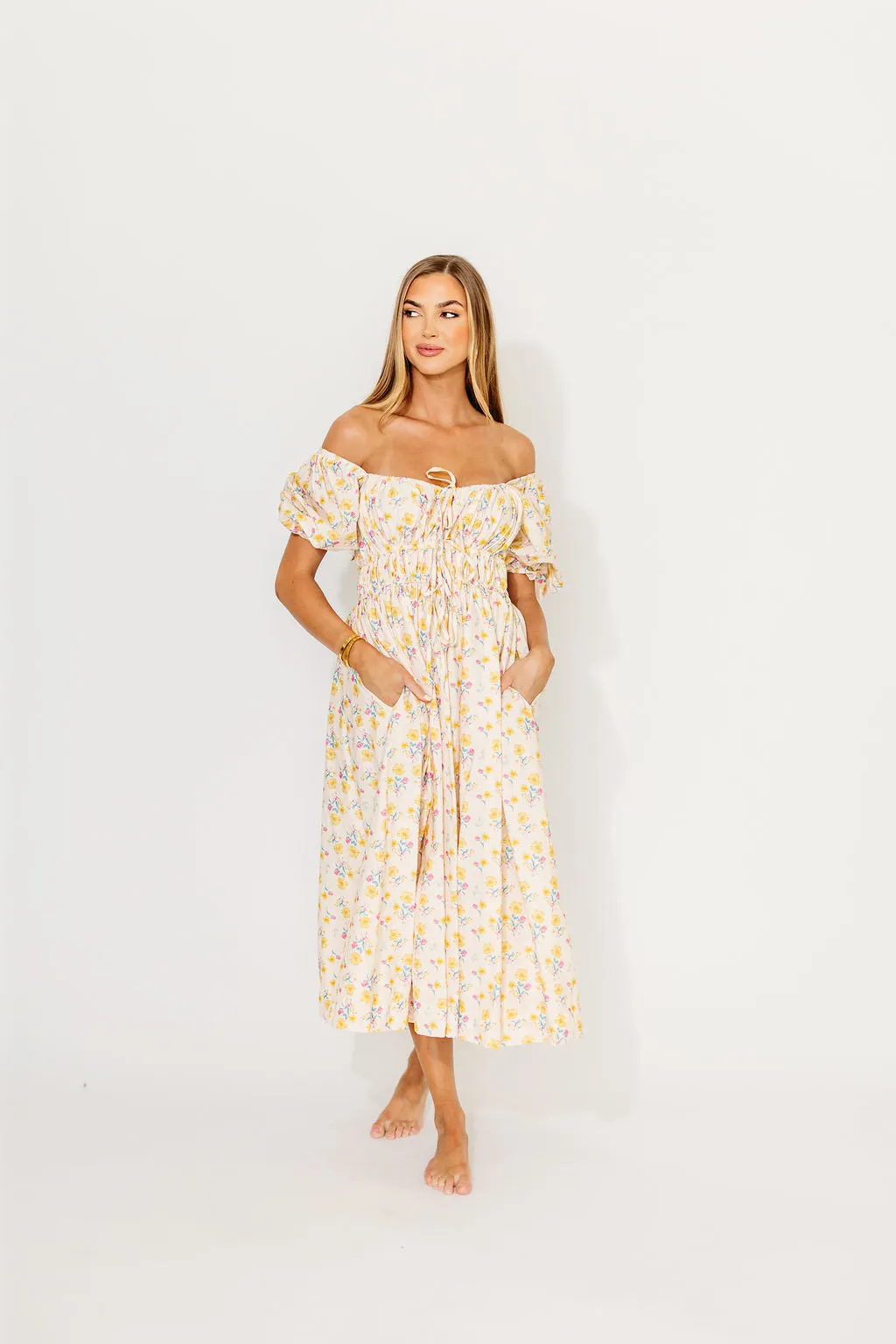 Kimber Midi Dress with Drawstring Detail in Yellow Floral