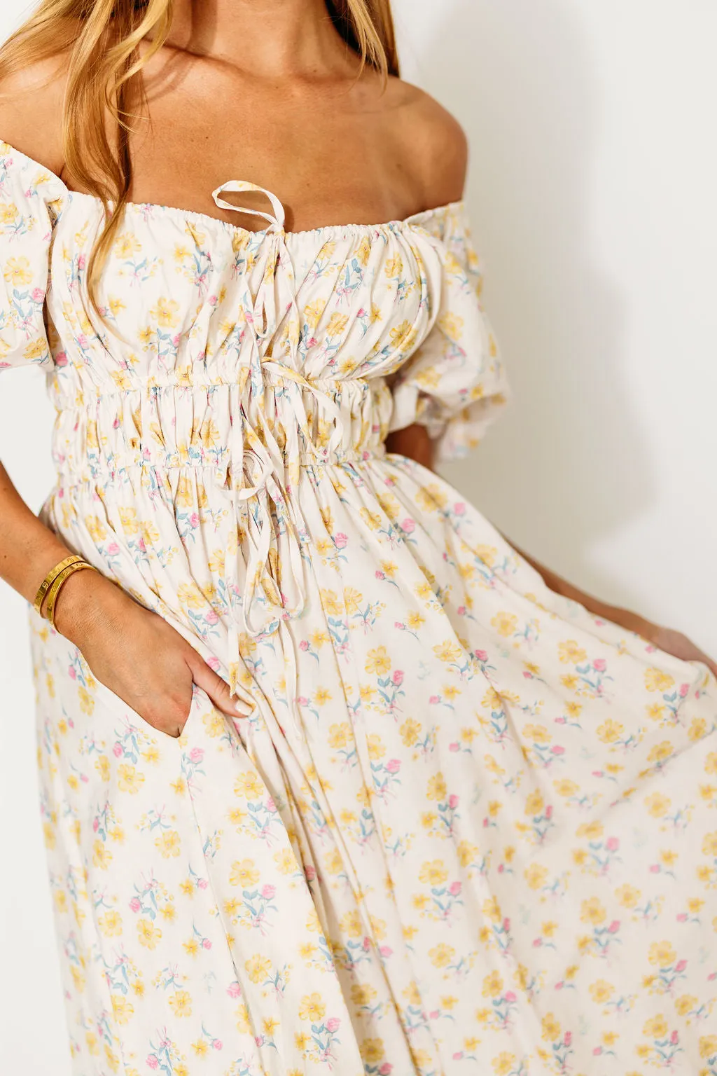 Kimber Midi Dress with Drawstring Detail in Yellow Floral
