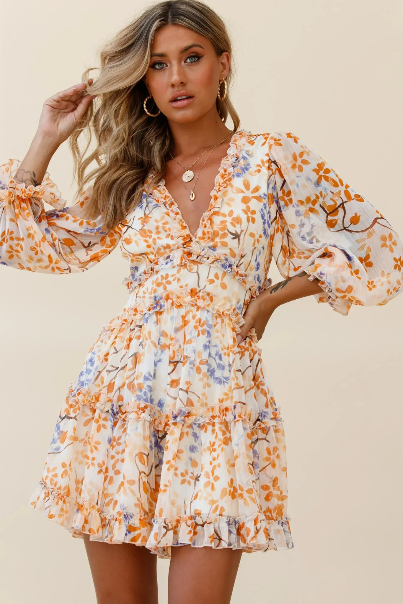 Laney Cutout Back Frill Trim Dress Floral Pattern Orange