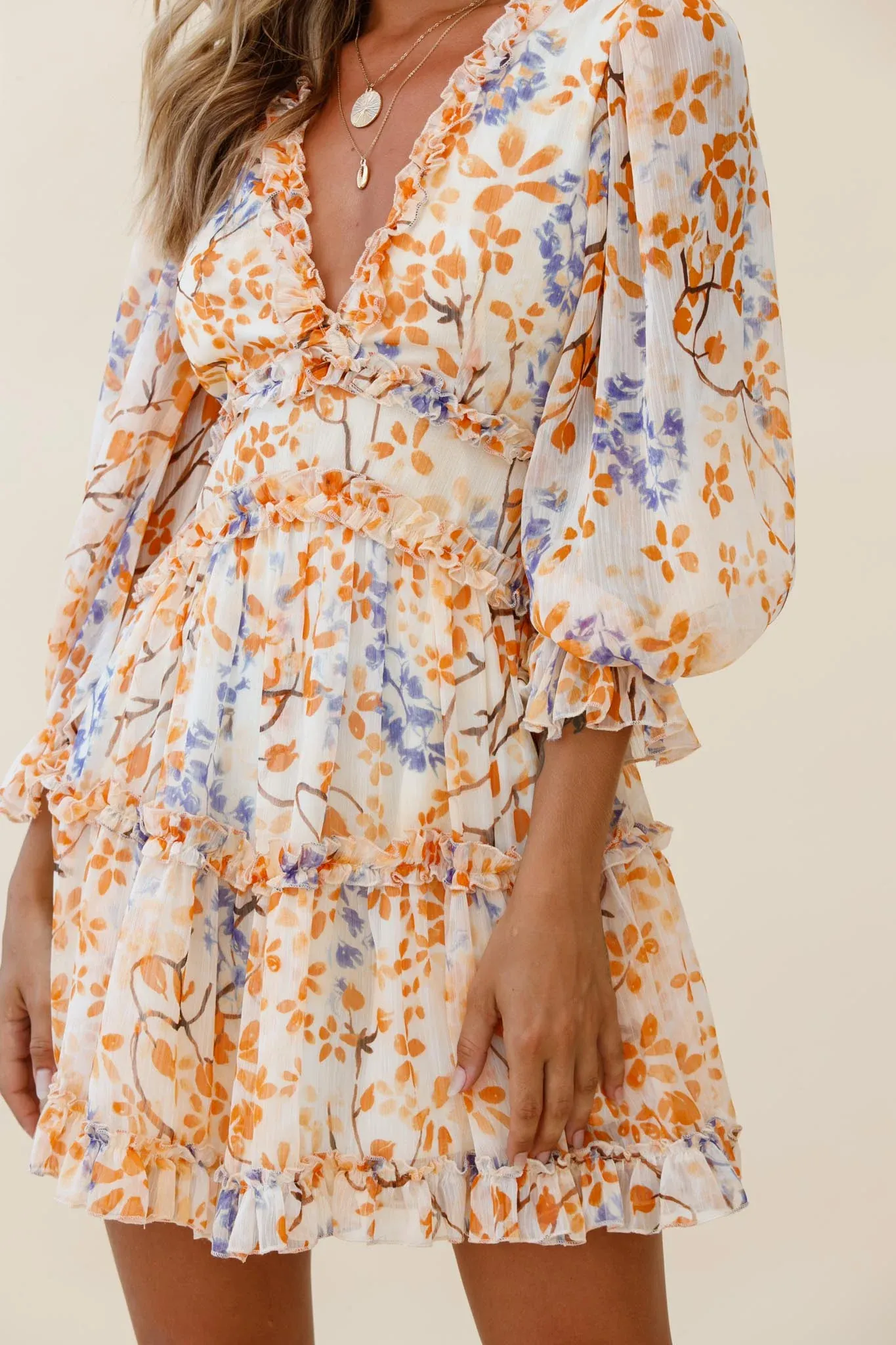 Laney Cutout Back Frill Trim Dress Floral Pattern Orange