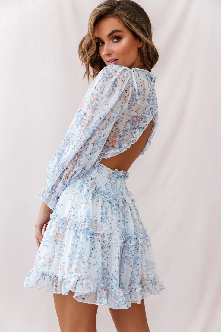 Laney Cutout Back Ruffle Detail Floral Dress White