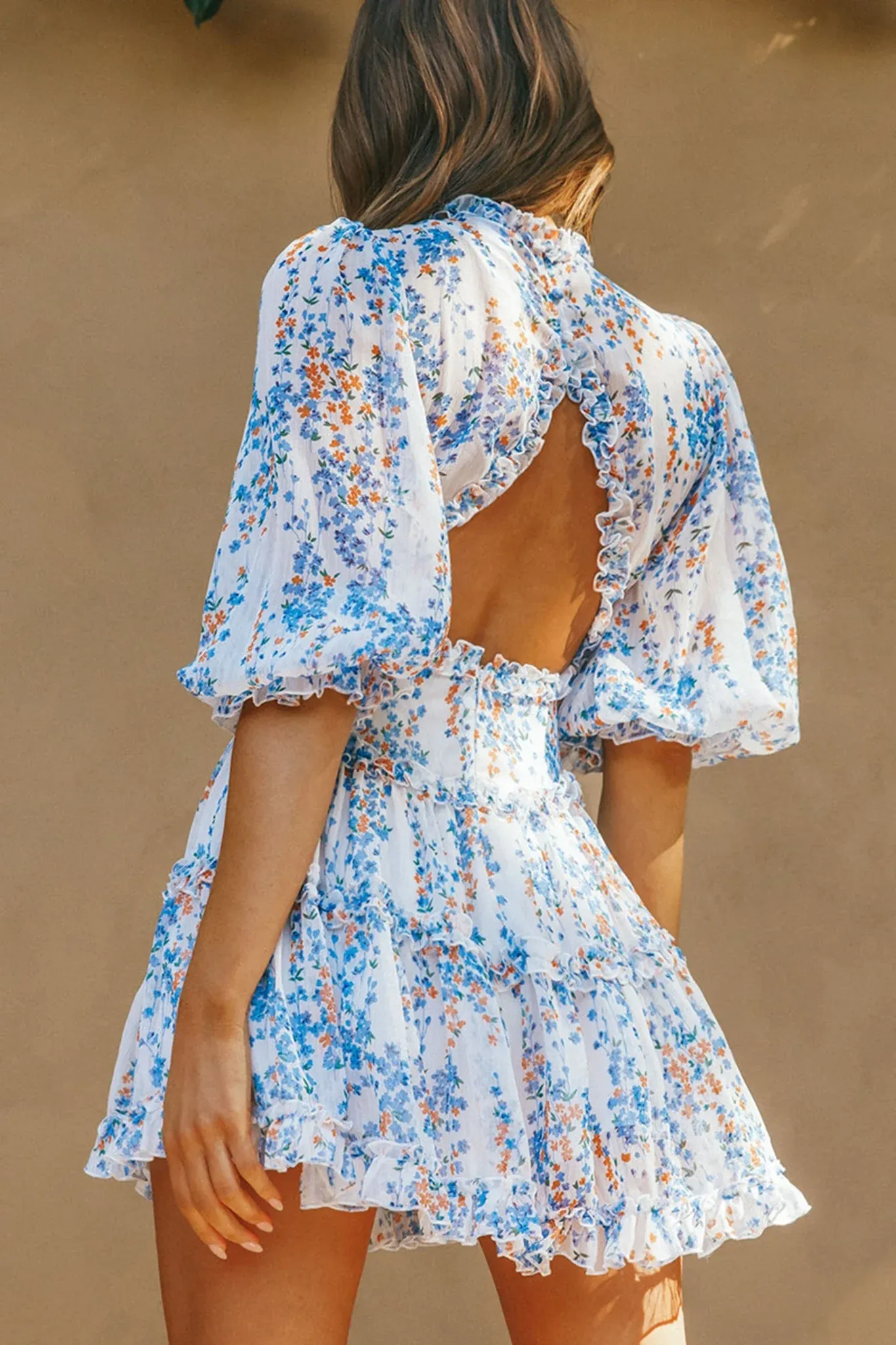 Laney Cutout Back Ruffle Detail Floral Dress White