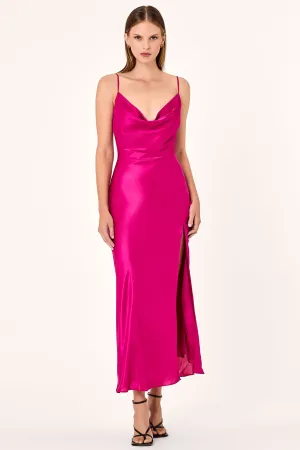 LENNON ASYM COWL MIDI DRESS - MAGENTA