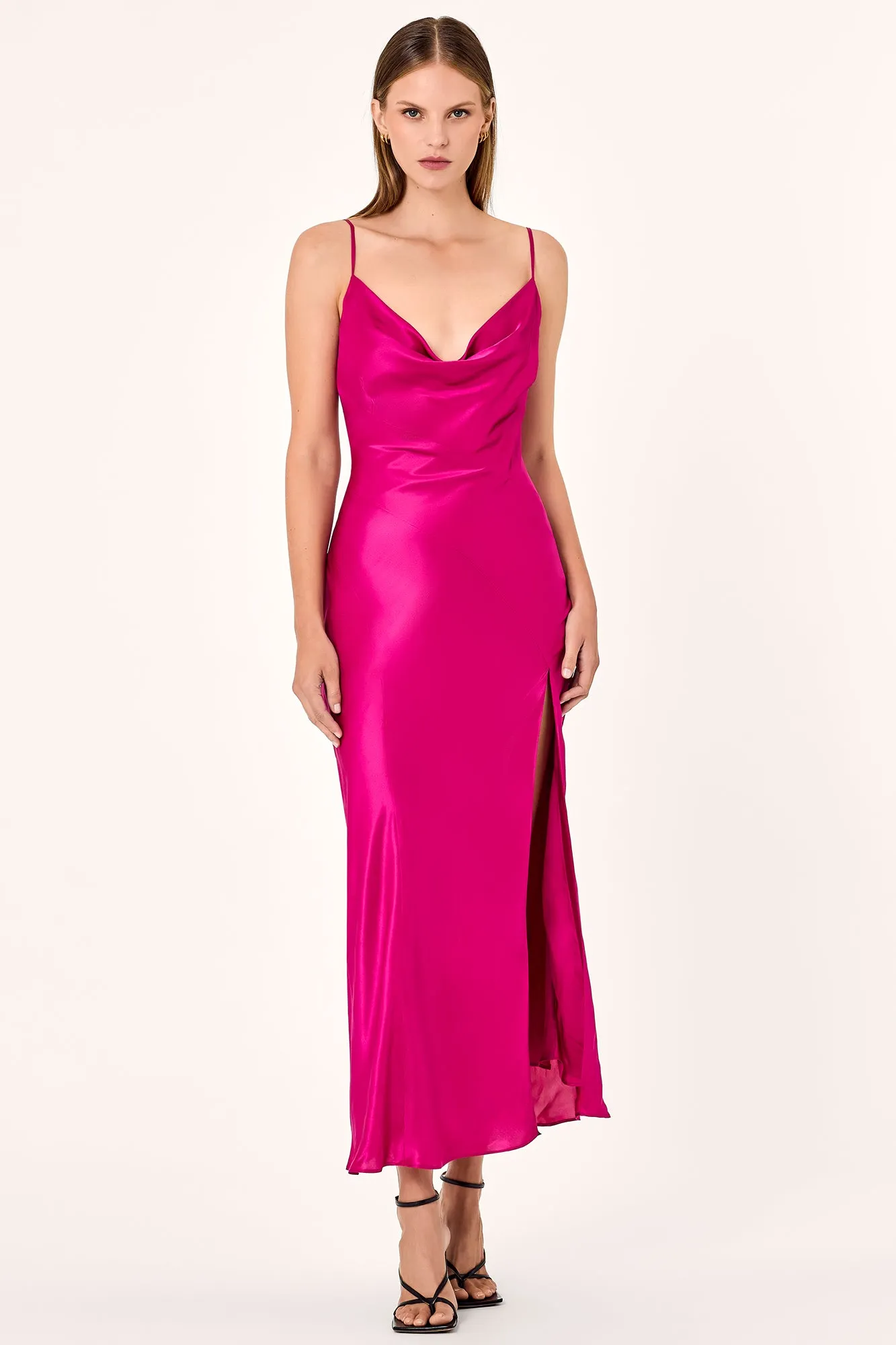 LENNON ASYM COWL MIDI DRESS - MAGENTA