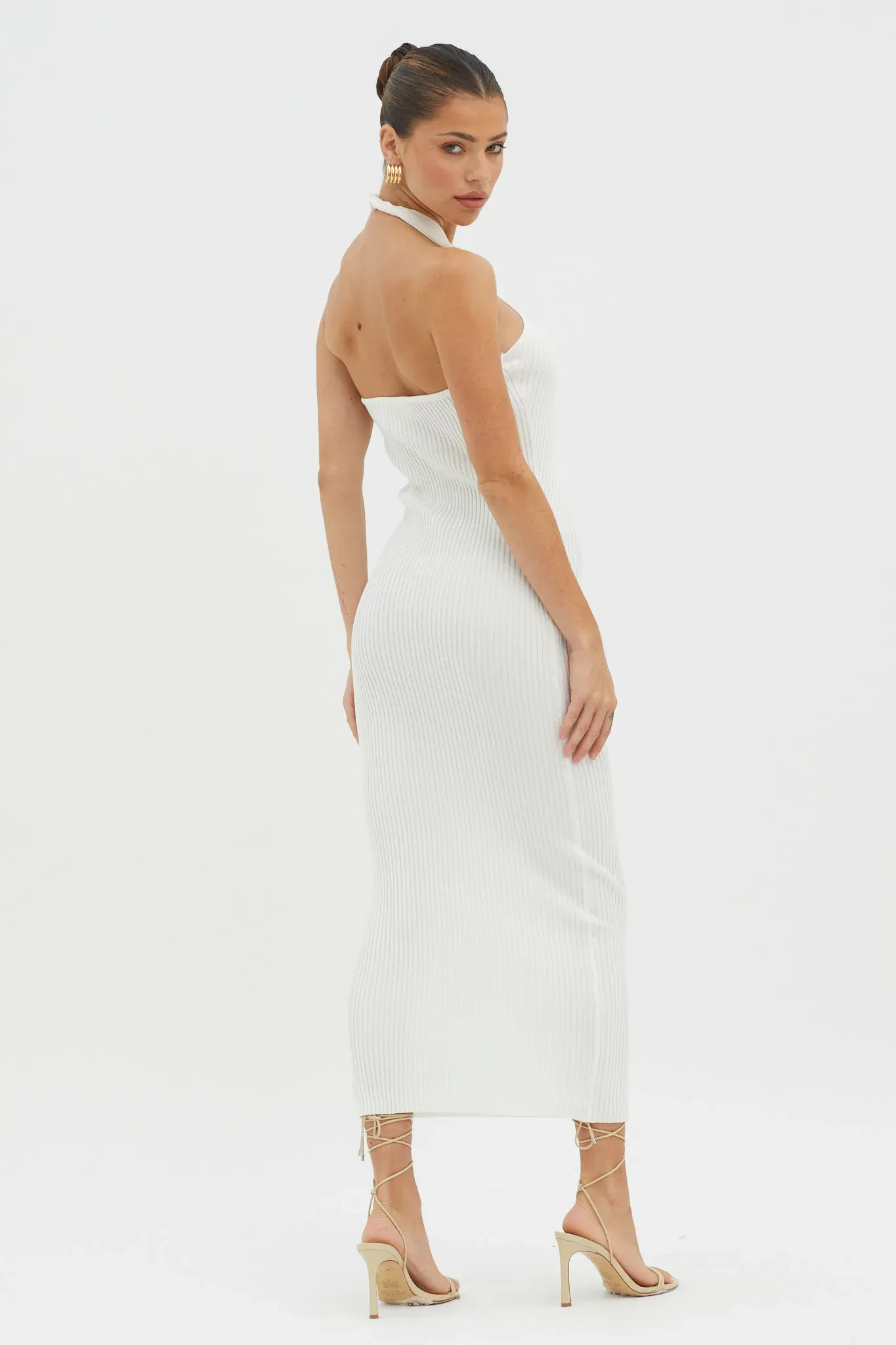 Lovelock Halterneck Ribbed Knit Midi Dress White