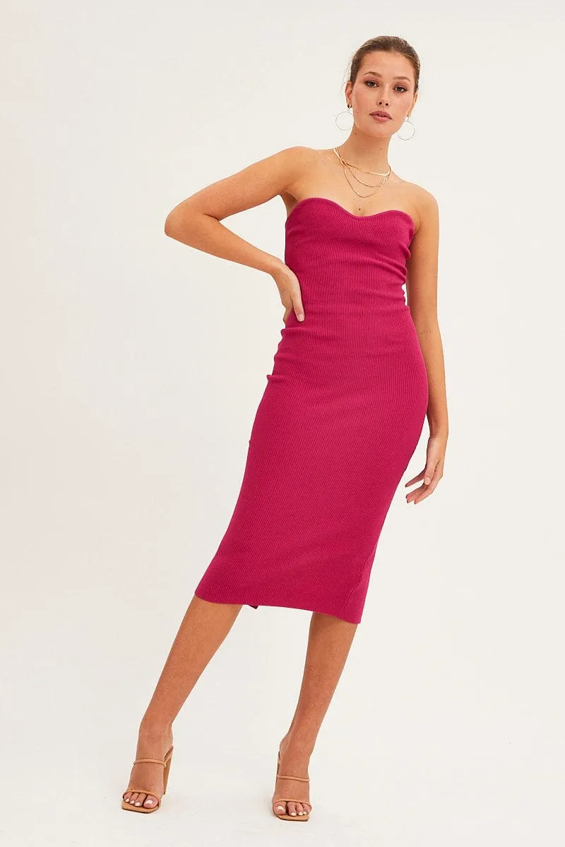 Magenta Sweetheart Neckline Bandeau Knit Bodycon Dress