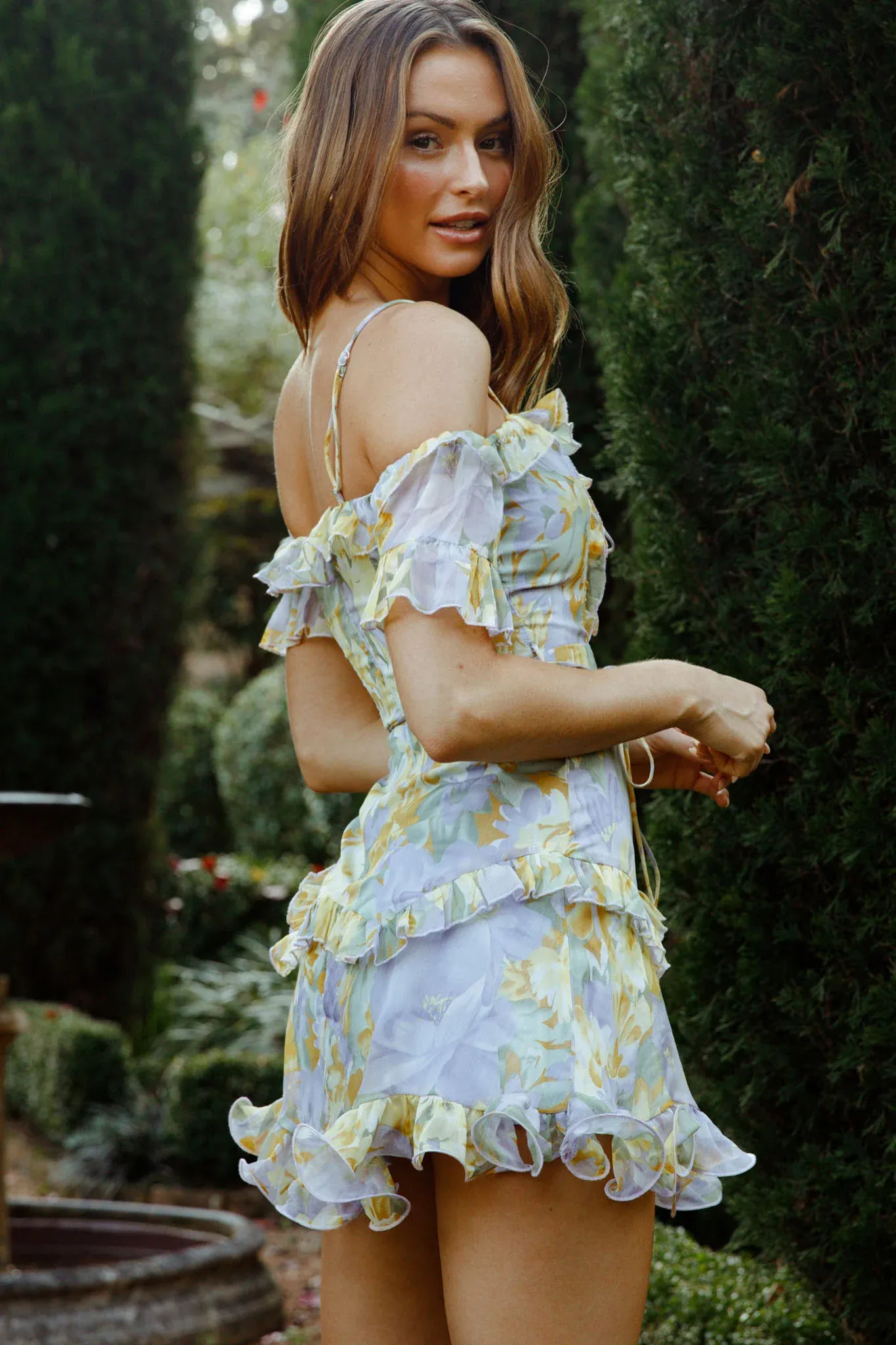 Maranda Bardot Lace-Up Bust Dress Floral Print Yellow