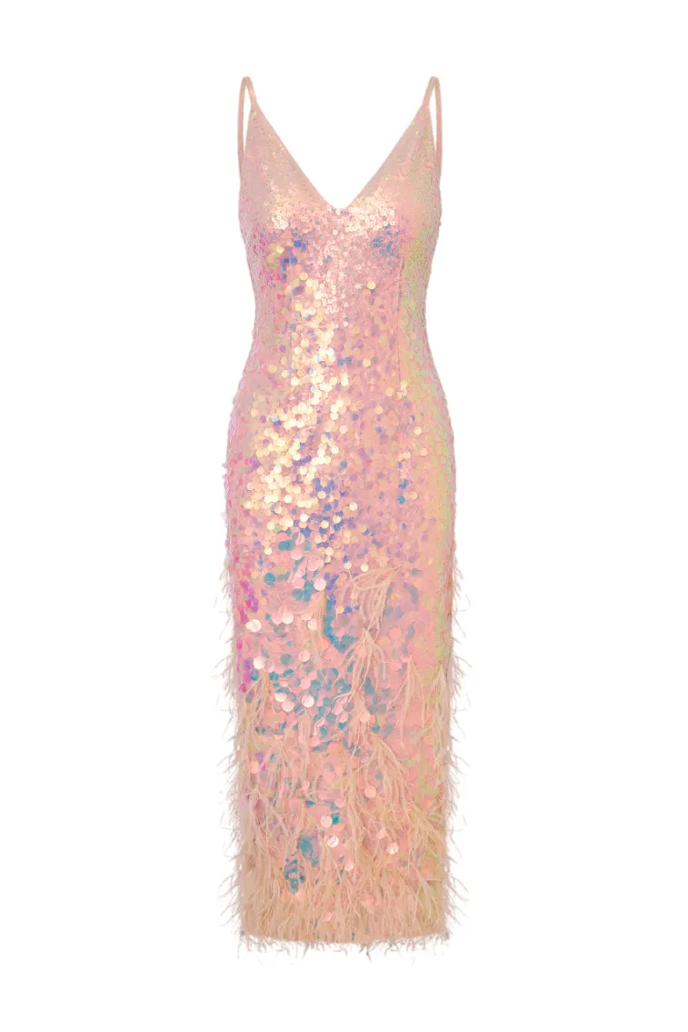 Miriana Iridescent Midi Dress With Feathers