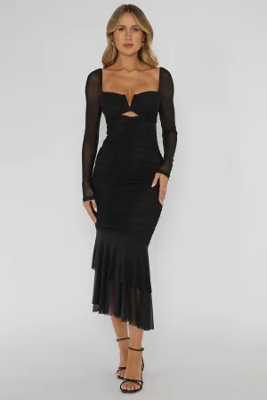 Nadia Long Sleeve Fishtail Midi Dress Black