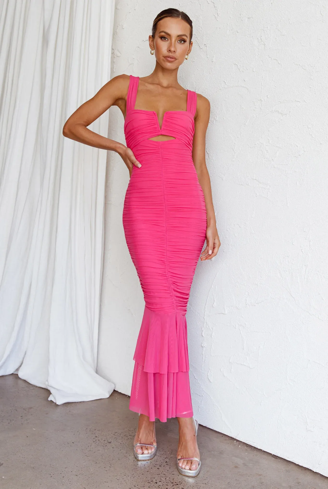 Nadia Ruched Fishtail Maxi Dress Hot Pink
