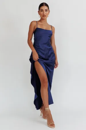 Night Swim Satin Leg Slit Maxi Dress Navy