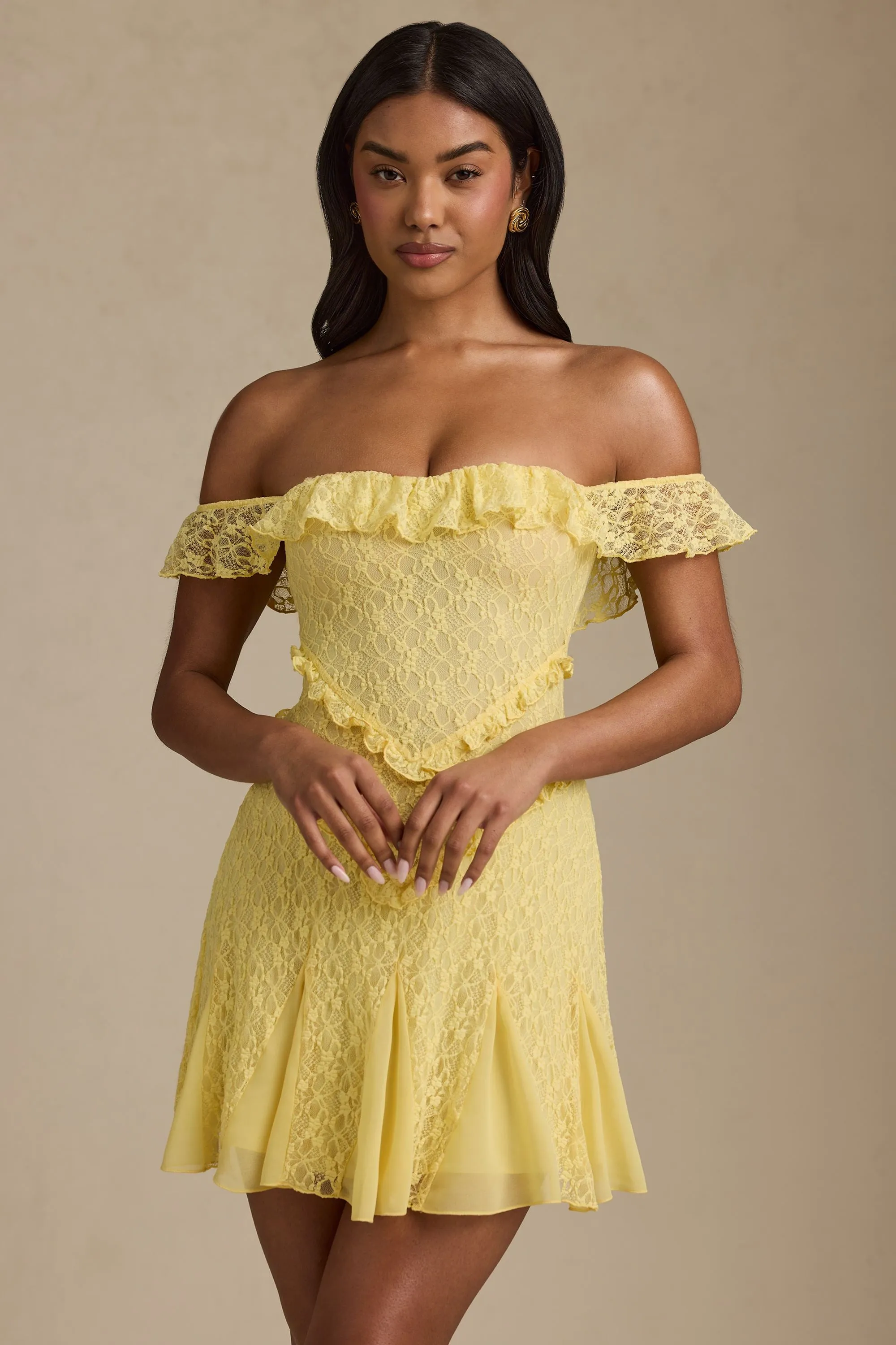 Off-Shoulder Lace A-Line Mini Dress in Pastel Yellow