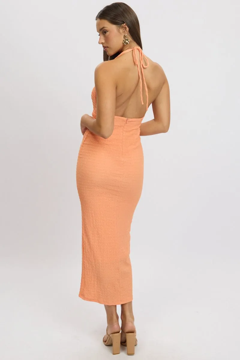 Orange Bodycon Dress Halter Neck Texured