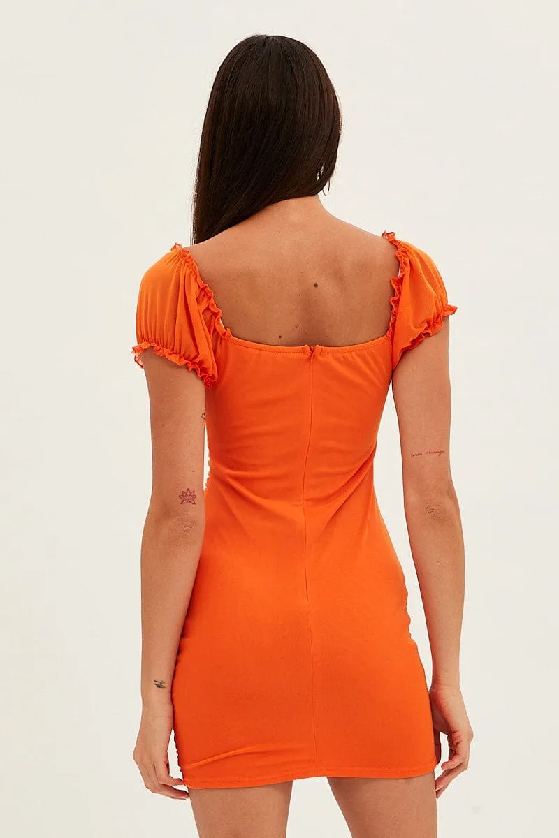 Orange Mesh Bodycon Mini Dress