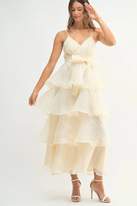 ORGANZA DEEP V-NECK TIERED RUFFLE MIDI DRESS