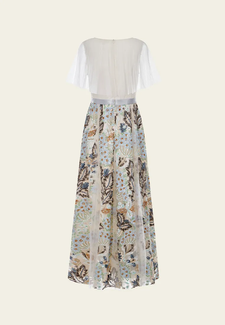 Panelled Cape-detail Embellished Mesh Dress
