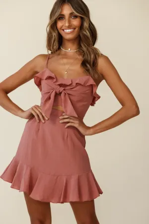 Pico Tied-Knot Bust Ruffle Dress Brown