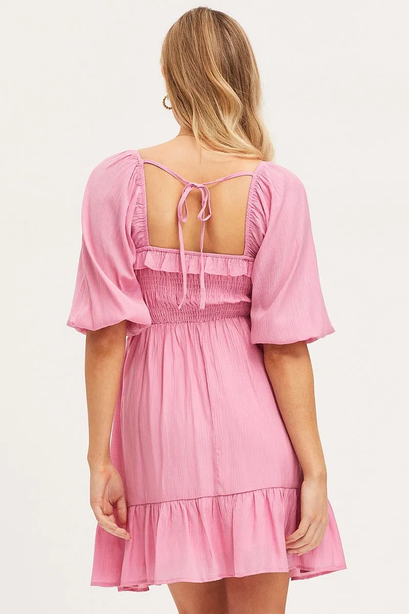 Pink Mini Dress Short Sleeve Evening
