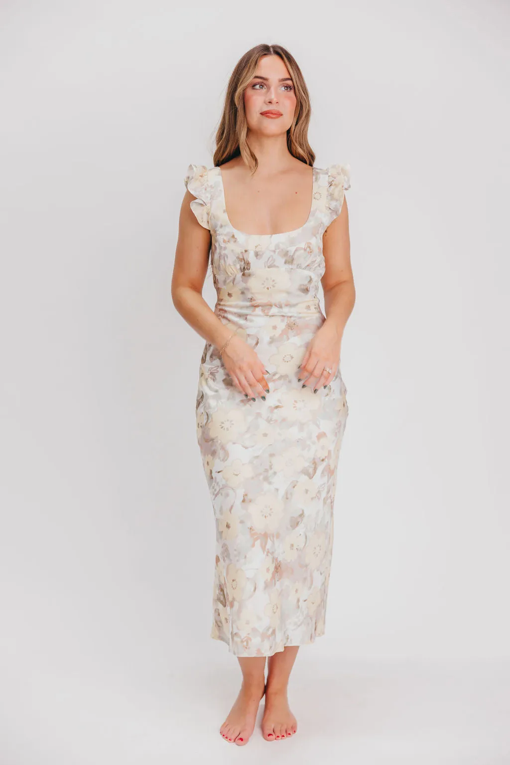 Pisa Floral Chiffon Midi Dress with Ruffle Shoulder in Champagne