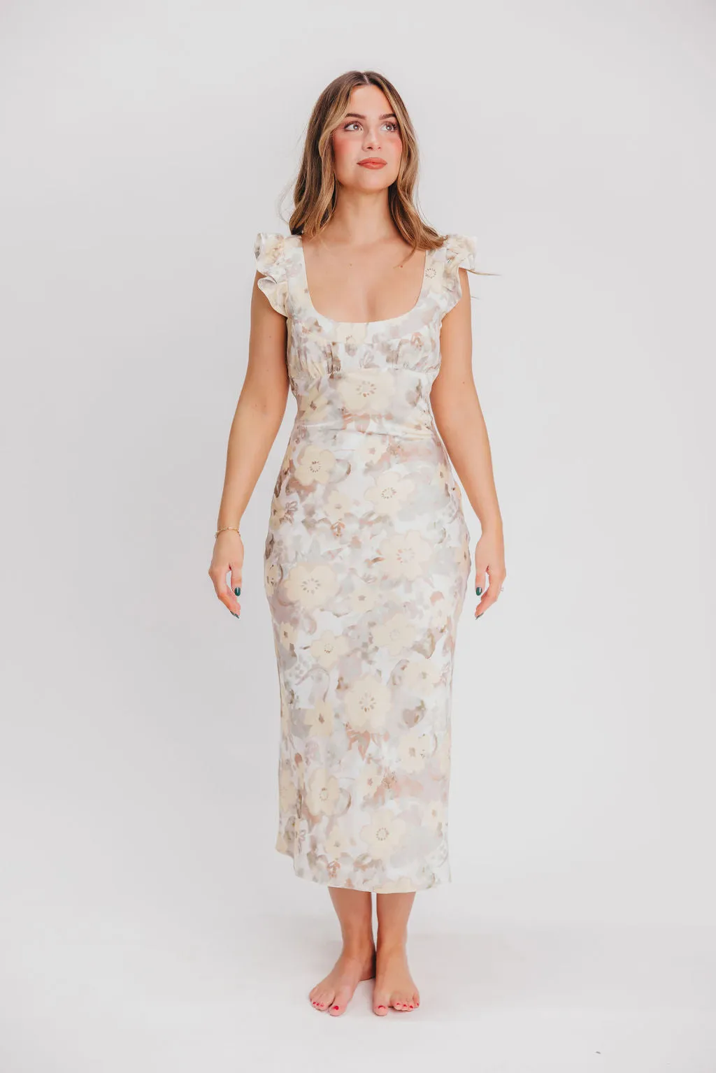 Pisa Floral Chiffon Midi Dress with Ruffle Shoulder in Champagne