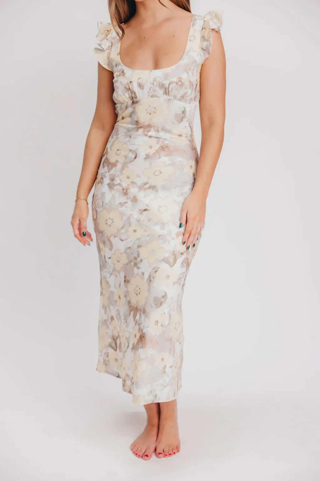 Pisa Floral Chiffon Midi Dress with Ruffle Shoulder in Champagne