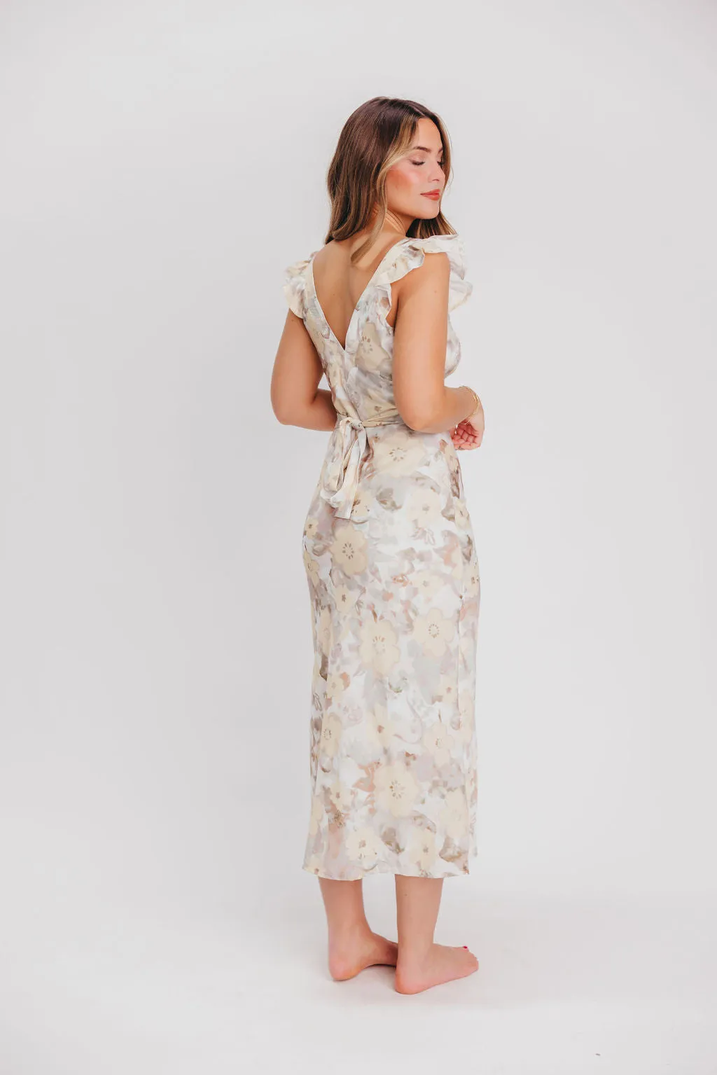 Pisa Floral Chiffon Midi Dress with Ruffle Shoulder in Champagne