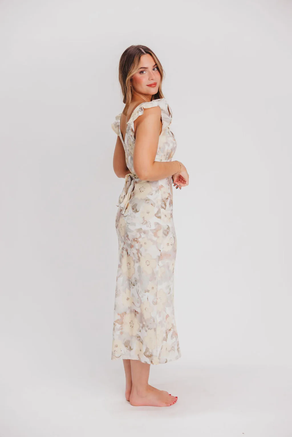 Pisa Floral Chiffon Midi Dress with Ruffle Shoulder in Champagne
