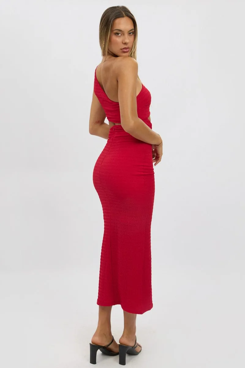 Red Bodycon Dress One Shoulder Textured