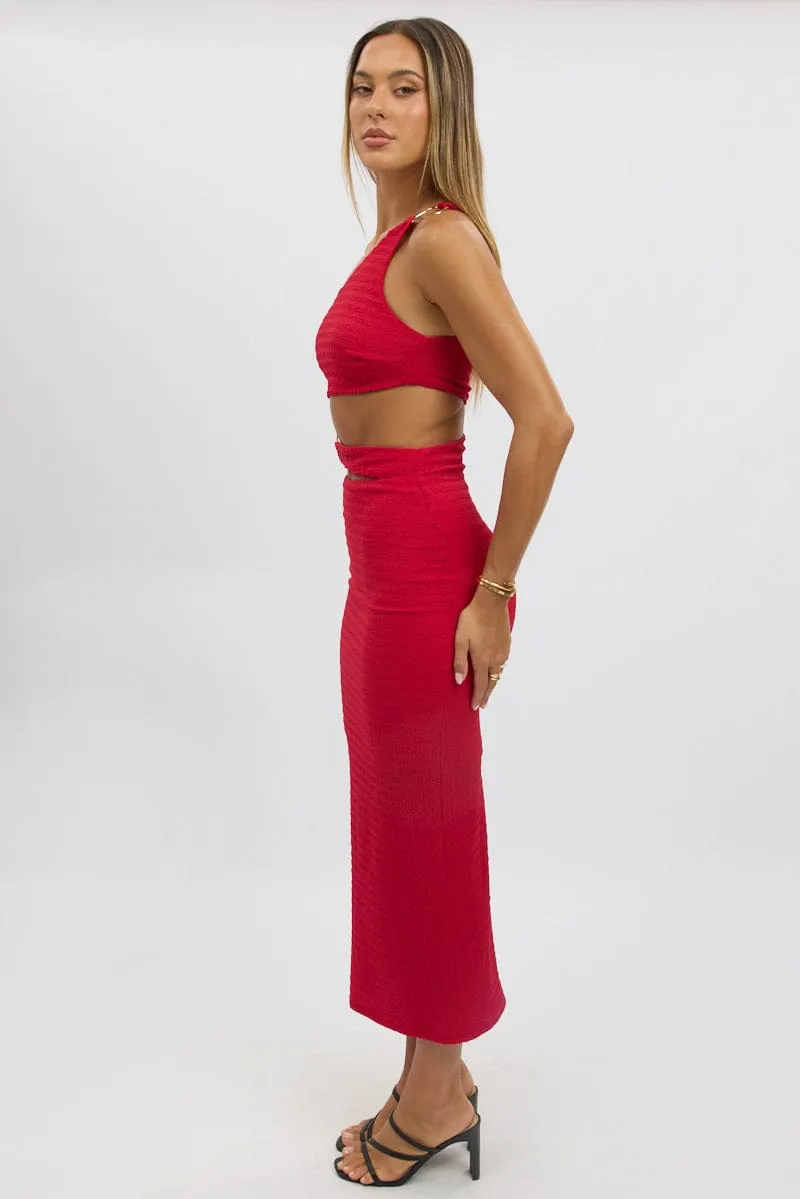 Red Bodycon Dress One Shoulder Textured