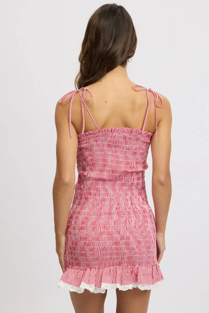 Red Check Bodycon Dress Shirred Gingham Mini