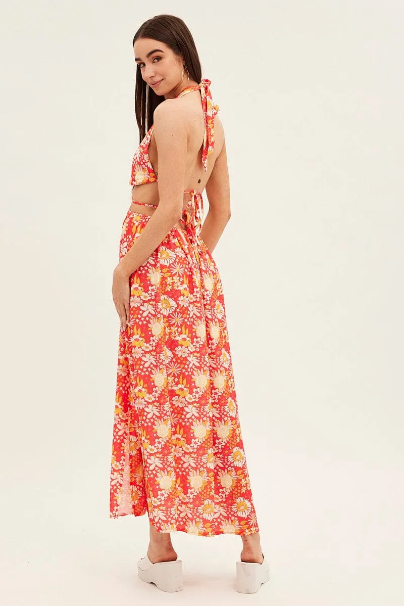 Red Floral Maxi Dress Cutout Front Split