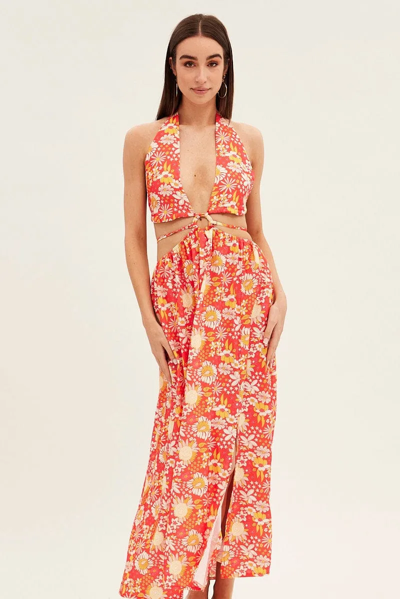 Red Floral Maxi Dress Cutout Front Split