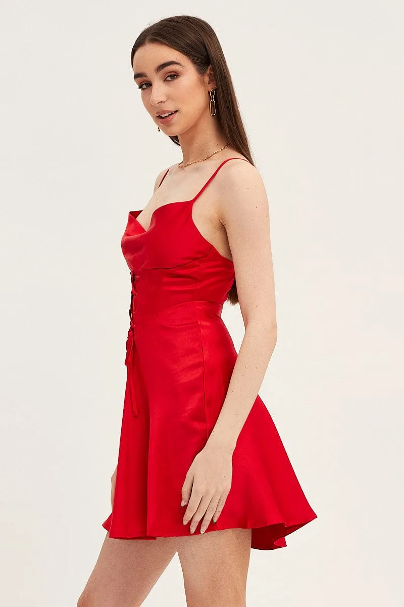 Red Mini Dress Sleeveless Cowl Neck Corset Waist Satin