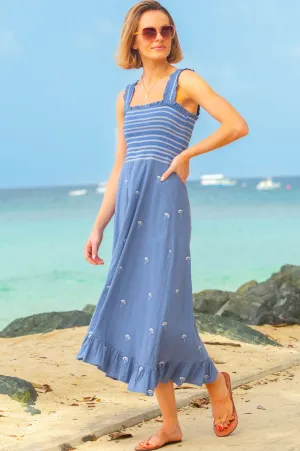 Rhianna Embroidered Dress | Blue/Grey/White