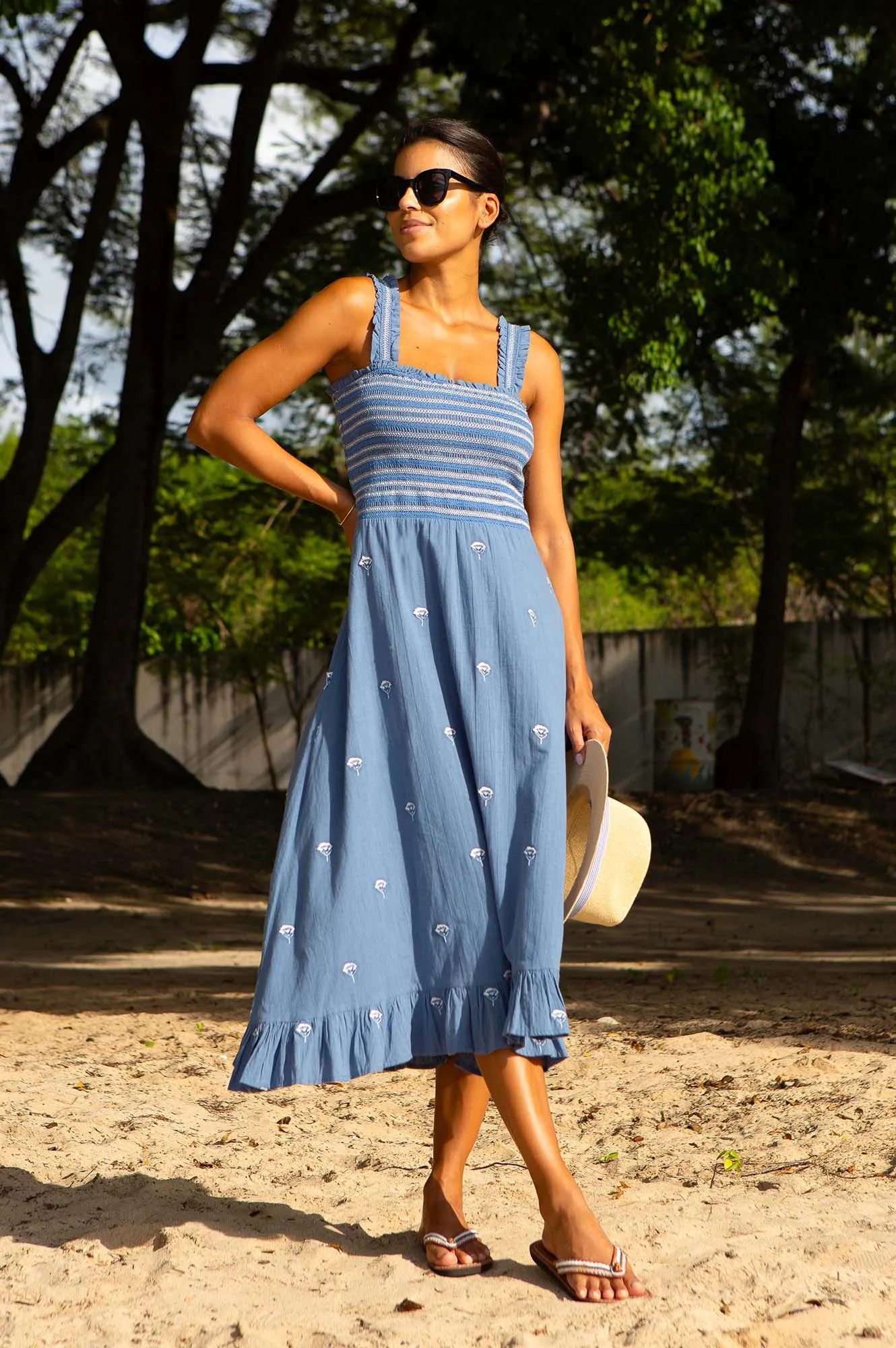 Rhianna Embroidered Dress | Blue/Grey/White