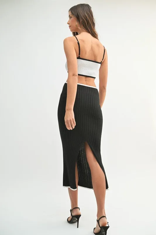 RIBBED KNIT COLOR BLOCK CUTOUT MIDI