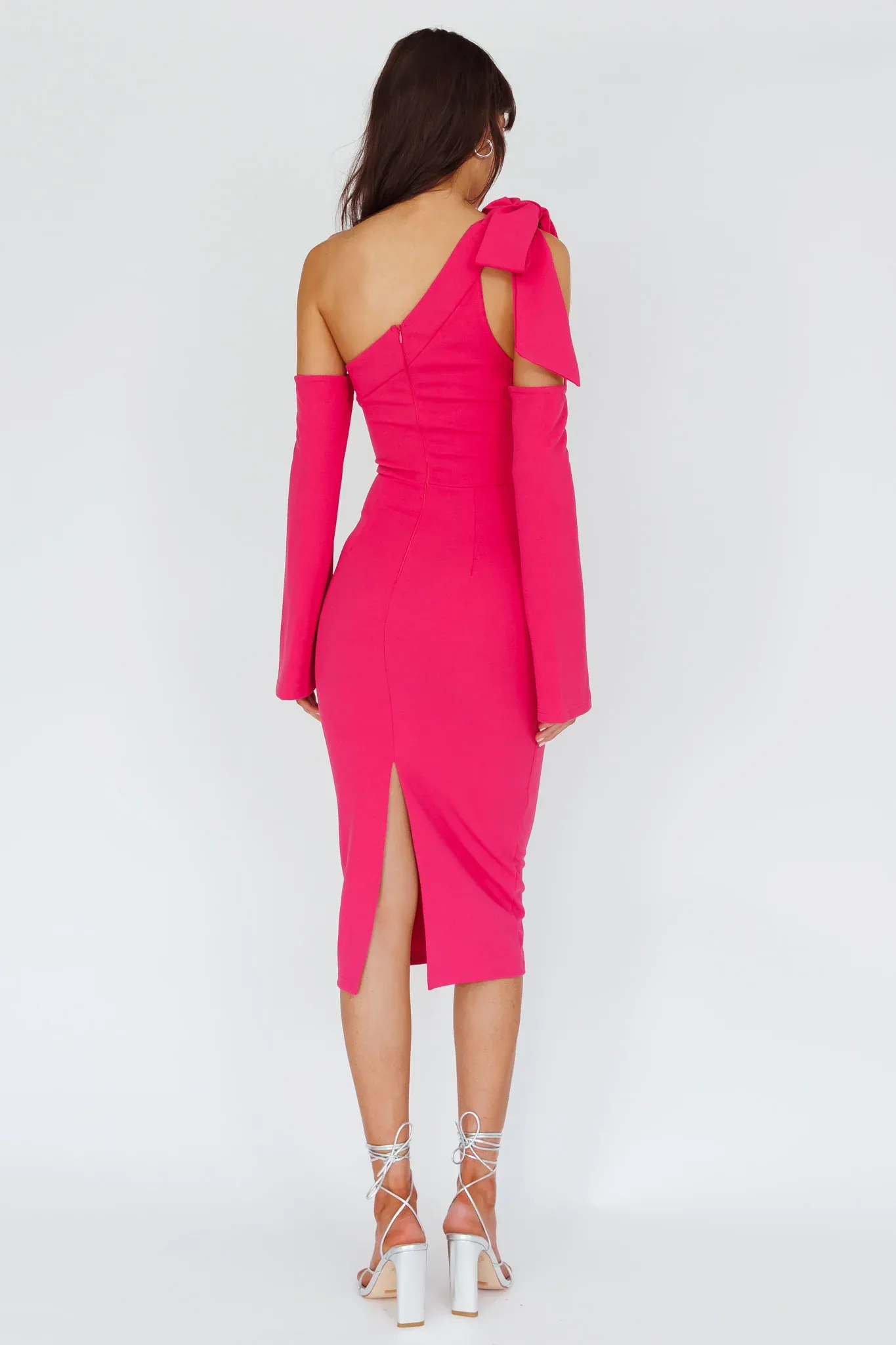 Rigel One-Shoulder Bow Midi Dress Dark Fuchsia