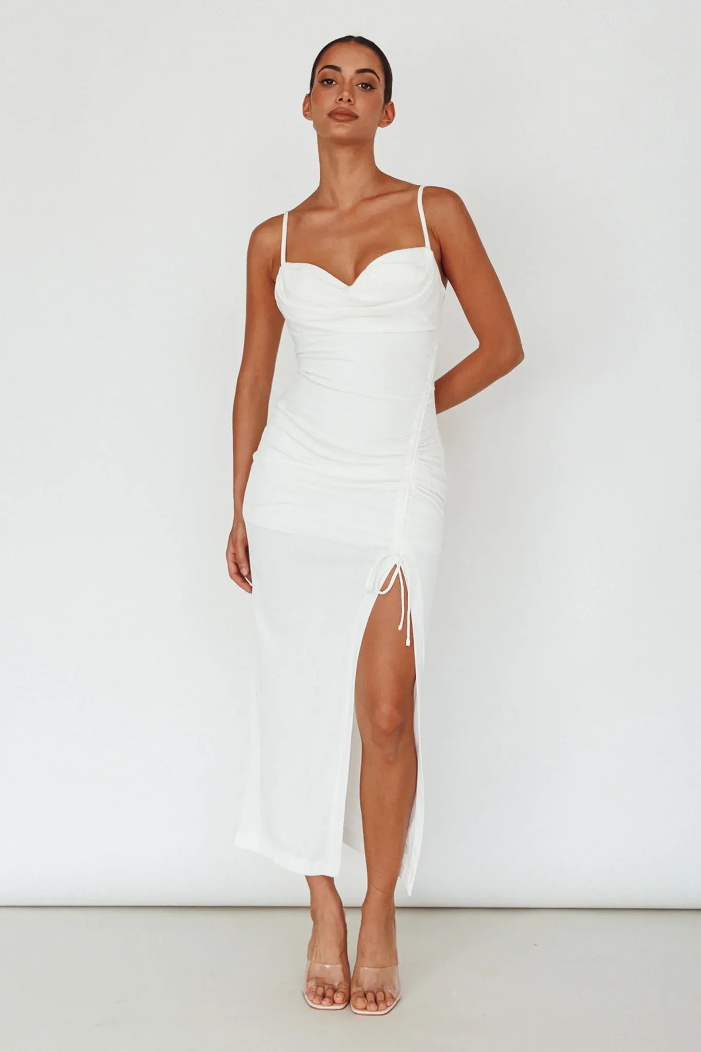 Samba Night Drawstring Ruched Midi Dress White
