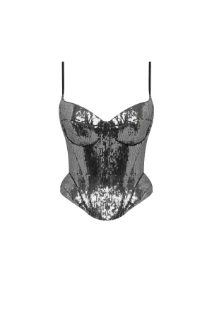 Sensational spaghetti straps sequined gray corset, Midnight Walk
