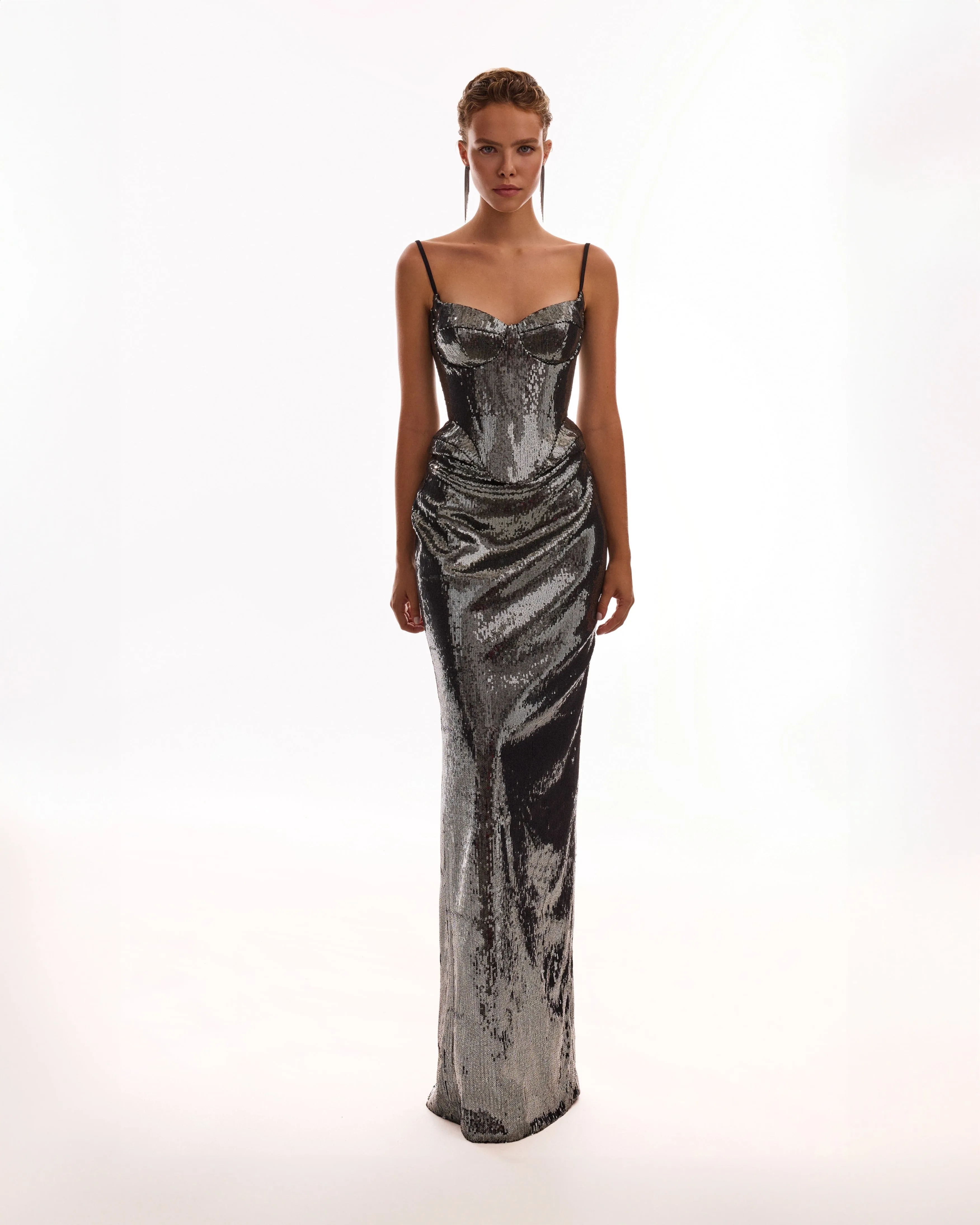 Sensational spaghetti straps sequined gray corset, Midnight Walk
