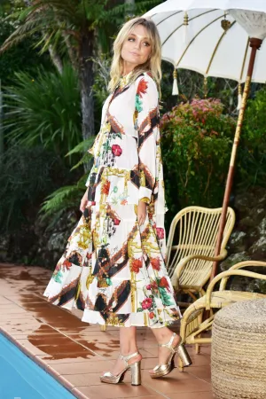 Side To Side White Gold LS Tiered Midi Dress