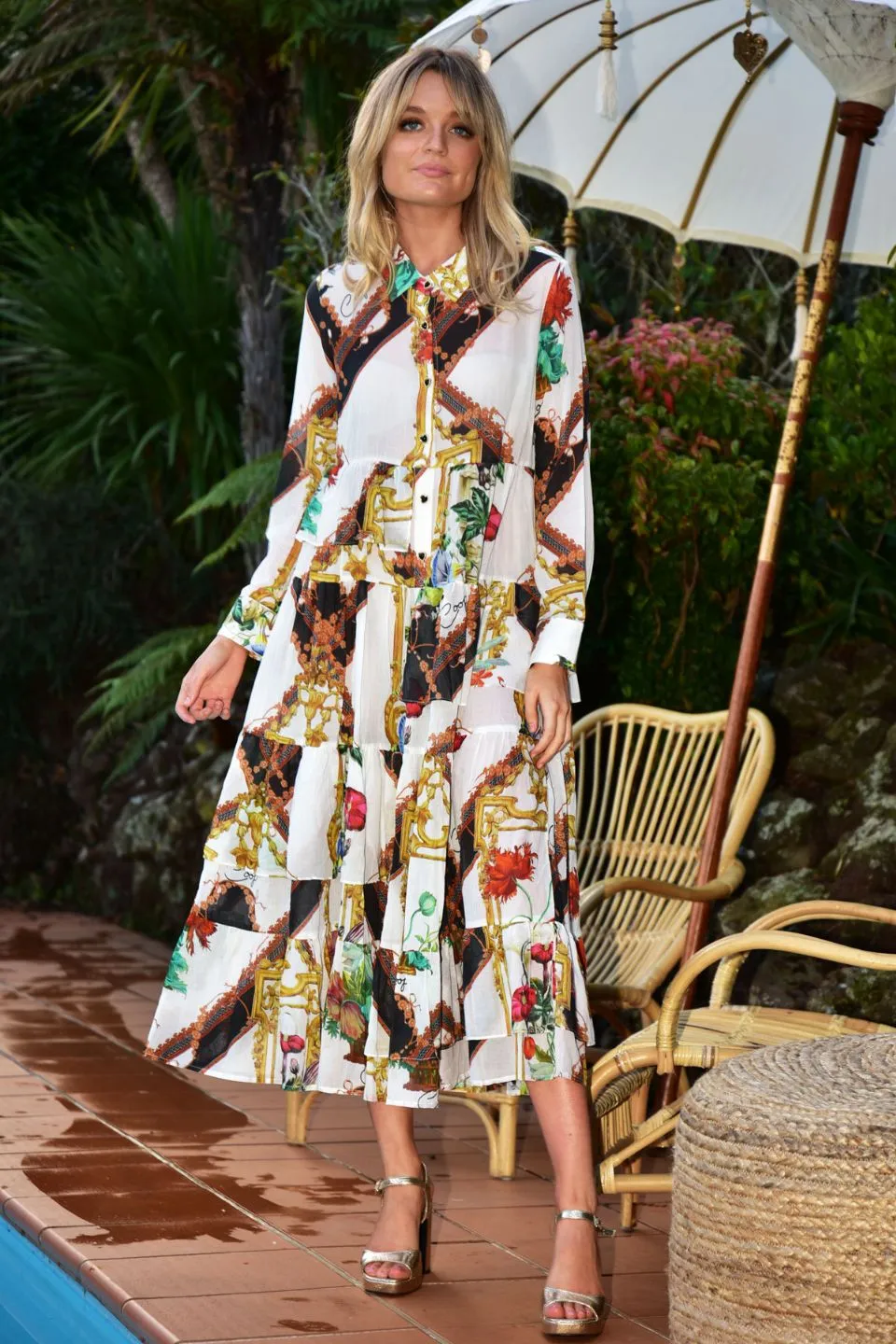 Side To Side White Gold LS Tiered Midi Dress