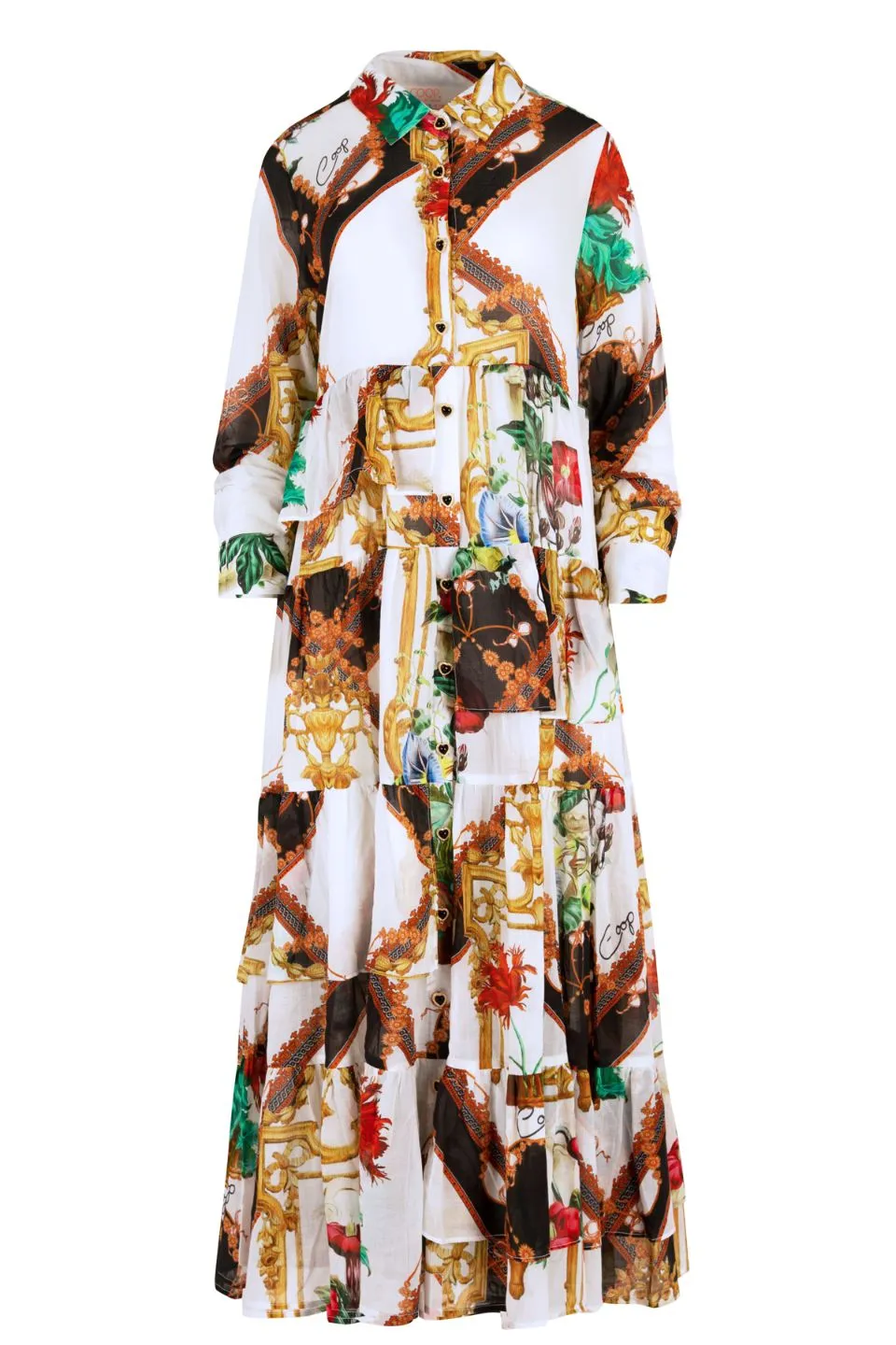 Side To Side White Gold LS Tiered Midi Dress