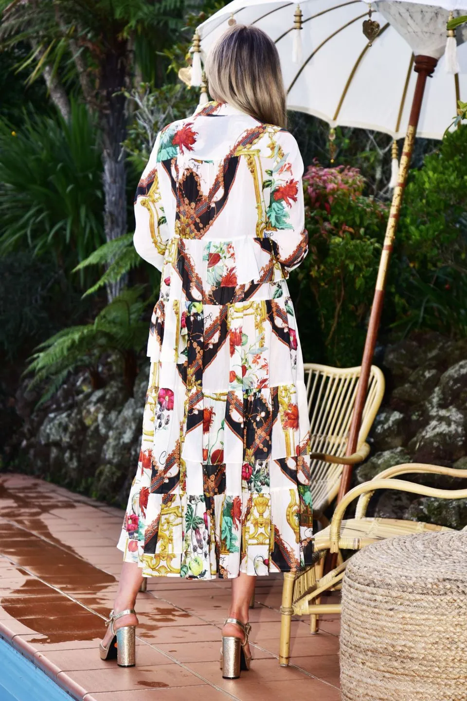 Side To Side White Gold LS Tiered Midi Dress