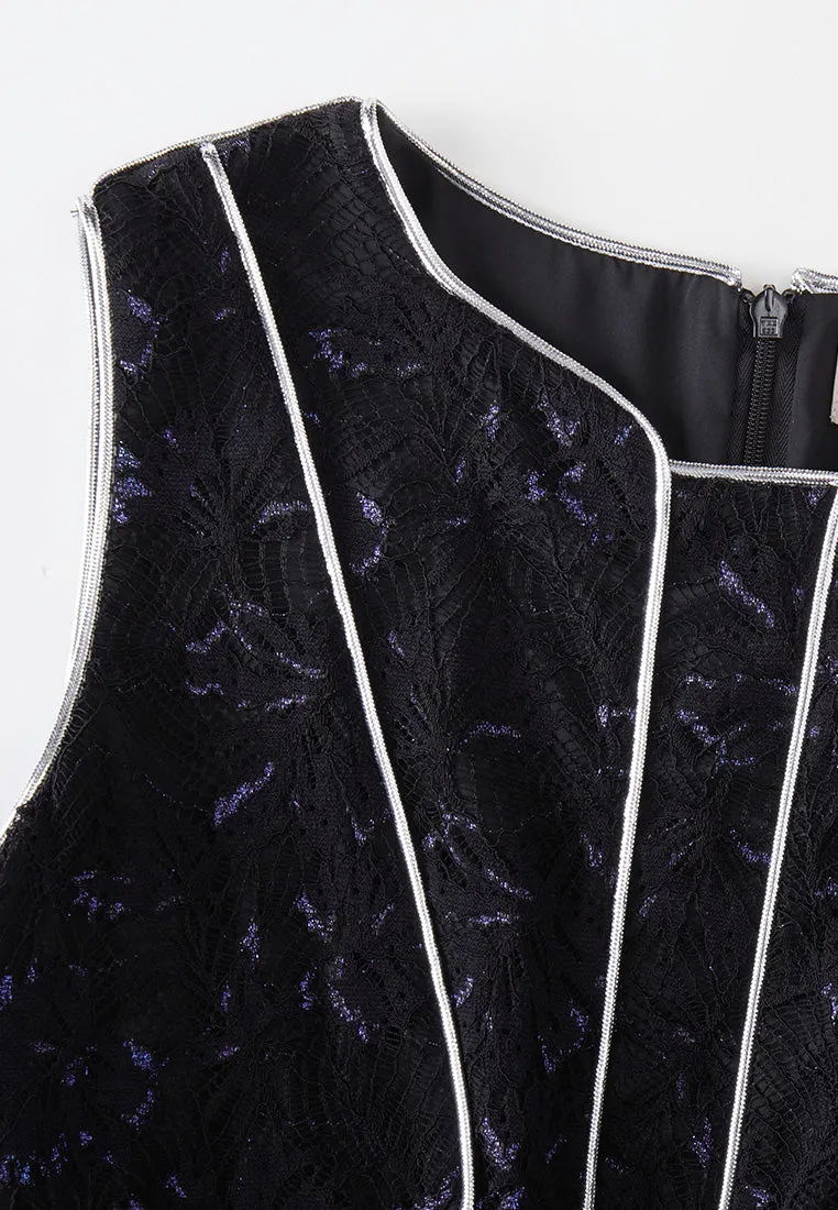 Silver-Trim Sleeveless Lurex Lace Dress