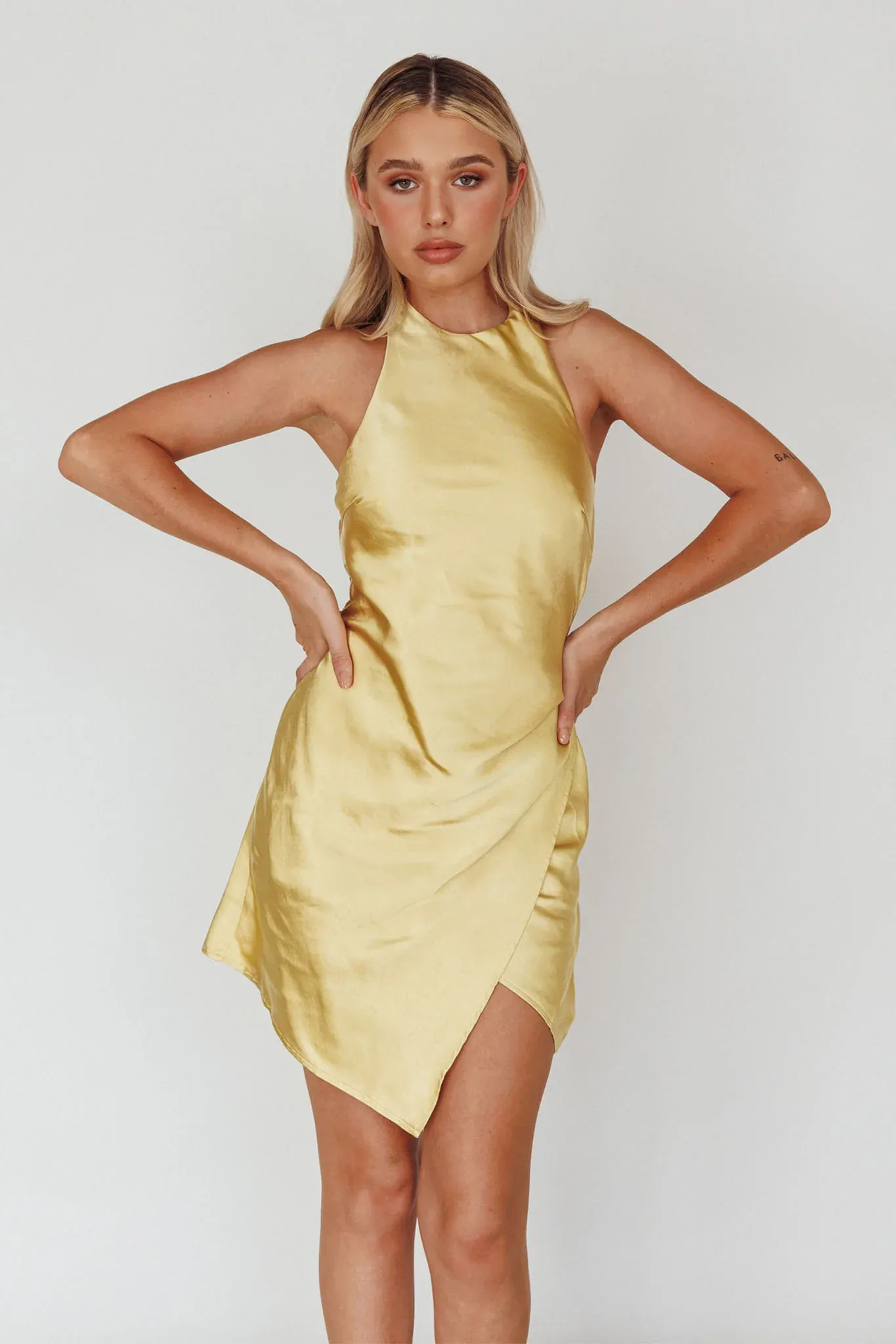 Sonoma Halterneck Faux Wrap Twist Back Mini Dress Lemon